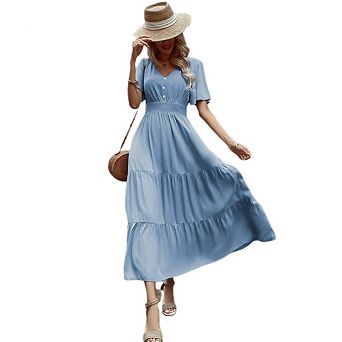 Women's Casual Ruffled Dress Short-Sleeved V-Neck Midi Dress A-Line Fitted Button-Down Dress