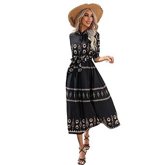 Womens Summer Boho Maxi Dress Trendy Short Sleeve Collared V Neck Flowy Beach Shirt Dresses