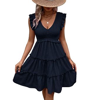 Women's Casual Dress Smocked V Neck Ruffle Mini Dress Sleeveless Tiered Swing Pleated Dress