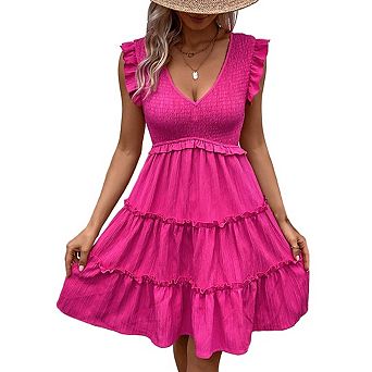 Women's Casual Dress Smocked V Neck Ruffle Mini Dress Sleeveless Tiered Swing Pleated Dress