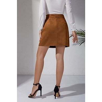 Women's High Waisted Button Front A-Line Bodycon Faux Suede Side Split Mini Skirt