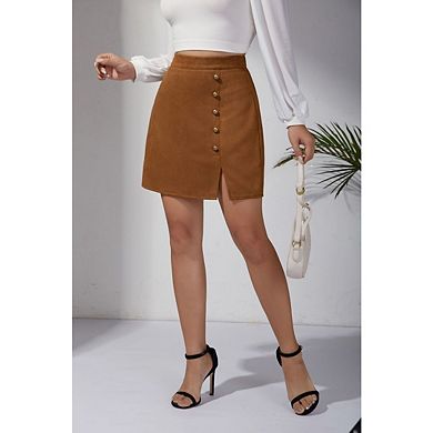 Women's High Waisted Button Front A-Line Bodycon Faux Suede Side Split Mini Skirt
