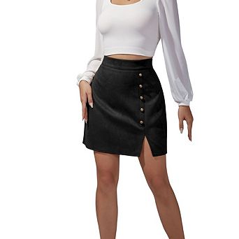 Women's High Waisted Button Front A-Line Bodycon Faux Suede Side Split Mini Skirt