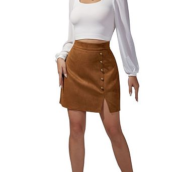 Women's High Waisted Button Front A-Line Bodycon Faux Suede Side Split Mini Skirt