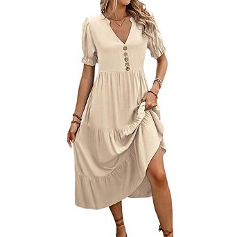 Womens Short Sleeve Casual V Neck Smocked Loose Tiered Flowy Midi Dress