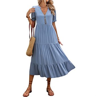 Womens Short Sleeve Casual V Neck Smocked Loose Tiered Flowy Midi Dress