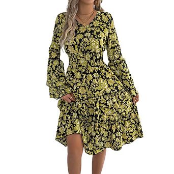Women's Boho Dress Floral V-neck Flared Sleeve Dress Layered Ruffle A-line Mini Dress