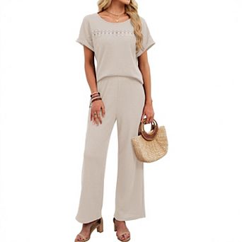 Women's Waffle Knit Two-Piece Set Lace Trim Short Sleeve Top & Wide-Leg Pants for Casual Lounge Wear
