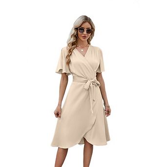 Women's Casual V-Neck Satin Wrap Dress Flare Sleeve Crossover Hem Midi Dress