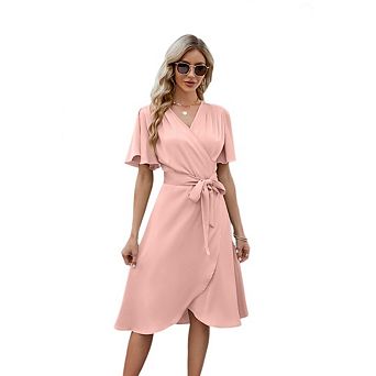 Women's Casual V-Neck Satin Wrap Dress Flare Sleeve Crossover Hem Midi Dress