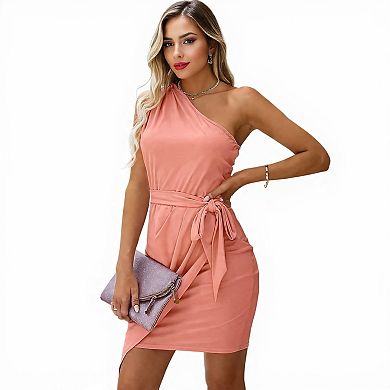 Women’s Ruched Bodycon Mini Dress with One Shoulder for Parties