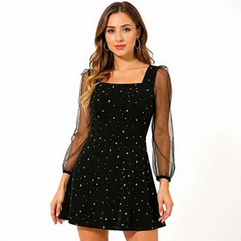 Women’s Square Neck Glitter Star Mini Velvet Dress