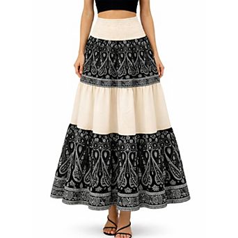 Artyska Women’s Boho Tiered Paisley Maxi Skirt with Smocked Waist