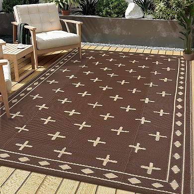 FairOnly Plastic Straw Geometric Outdoor Rug Reversible Water Proof Carpet for Beach Patio RV