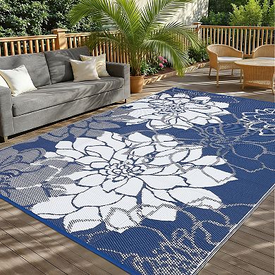 FairOnly UV-Resistant Flower Pattern Modern Reversible Outdoor Rug for Patio Gardern Beach