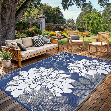 FairOnly UV-Resistant Flower Pattern Modern Reversible Outdoor Rug for Patio Gardern Beach