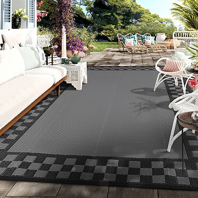 FairOnly Square Grid Frame Reversible Stain & UV Resistance Outdoor Rug for RV Trip Beach