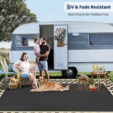 FairOnly Square Grid Frame Reversible Stain & UV Resistance Outdoor Rug for RV Trip Beach