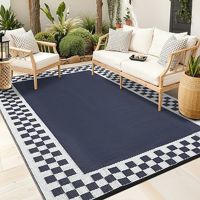 FairOnly Square Grid Frame Reversible Stain & UV Resistance Outdoor Rug for RV Trip Beach