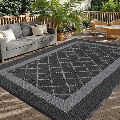 FairOnly Diamond Grid Plastic Straw Woven Waterproof Outdoor Reversible Rug for Camping RV Beach