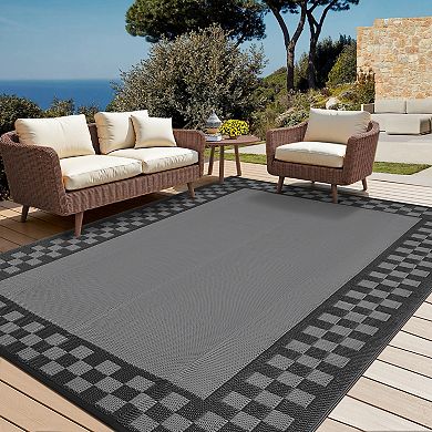 Garvee Geometric Outdoor Rug with Square Grid Frame Reversible UV ResistanceRug for RV Picnic Beach