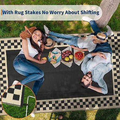 Garvee Geometric Outdoor Rug with Square Grid Frame Reversible UV ResistanceRug for RV Picnic Beach