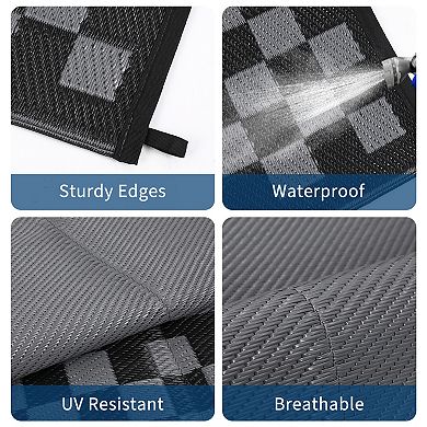 Garvee Geometric Outdoor Rug with Square Grid Frame Reversible UV ResistanceRug for RV Picnic Beach