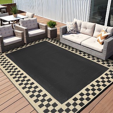 Garvee Geometric Outdoor Rug with Square Grid Frame Reversible UV ResistanceRug for RV Picnic Beach