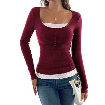 Women's Ribbed Scoop Neck Tops Long Sleeve Contrast Lace Button Front Knit Slim Fit Henley T Shirts