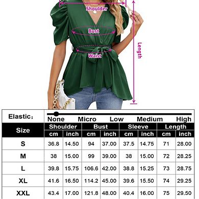 Womens V Neck Blouse Puff Short Sleeve Belted Casual T-Shirts Basic Tee Tops