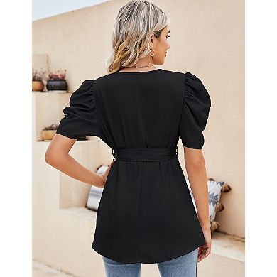 Womens V Neck Blouse Puff Short Sleeve Belted Casual T-Shirts Basic Tee Tops
