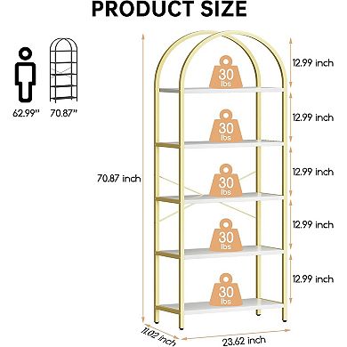 5-Tier Arched Bookshelf, Tall Metal Frame Farmhouse Storage Rack