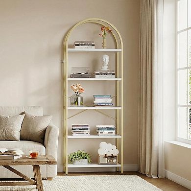 5-Tier Arched Bookshelf, Tall Metal Frame Farmhouse Storage Rack