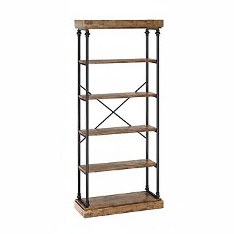 6 tier Bookshelf, Industrial Rustic Bookcase with Metal Frame & Wood Shelves for Living Room