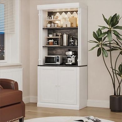 3-Tier Open Shelves & Double Doors with Roman Column Design and 4 Adjustable Lights