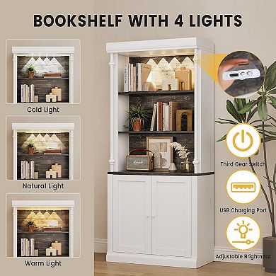 3-Tier Open Shelves & Double Doors with Roman Column Design and 4 Adjustable Lights