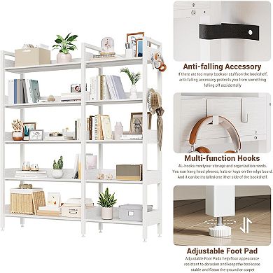 Corner Bookshelf, 5-Tier Bookshelves with 4 Hooks, Convertible Bookshelf