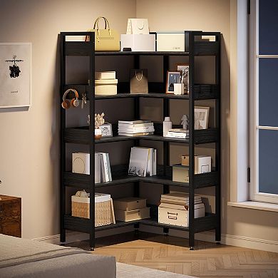 Corner Bookshelf, 5-Tier Bookshelves with 4 Hooks, Convertible Bookshelf