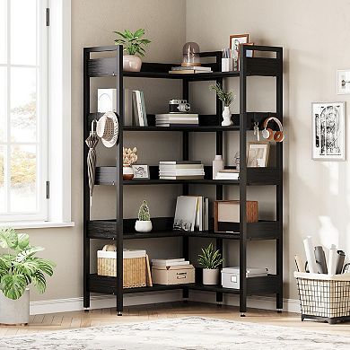 Corner Bookshelf, 5-Tier Bookshelves with 4 Hooks, Convertible Bookshelf