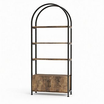 Arched Bookshelf, Bookcase with Doors Storage, 71 in Tall Industrial Book Shelf