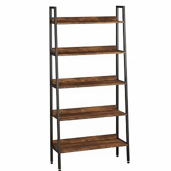 5 tier Bookcase, Industrial Wood and Black Metal Bookshelf, Floorstanding Storage Shelving Unit
