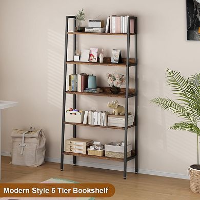 5 Tiers Bookcase, Industrial Wood and Black Metal Bookshelf, Floorstanding Storage Shelving Unit