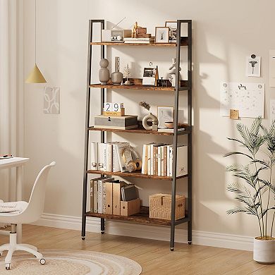 5 Tiers Bookcase, Industrial Wood and Black Metal Bookshelf, Floorstanding Storage Shelving Unit