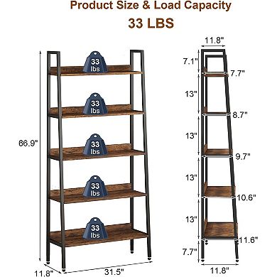 5 Tiers Bookcase, Industrial Wood and Black Metal Bookshelf, Floorstanding Storage Shelving Unit