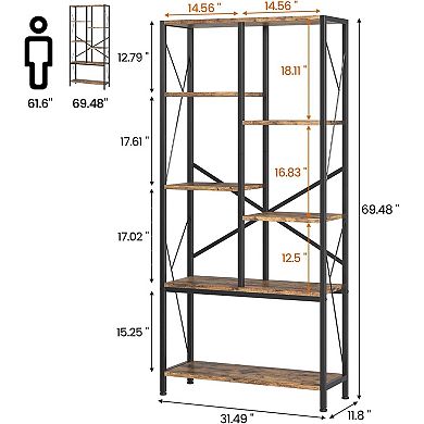 Industrial Bookshelf 6 Tier Tall Bookcase Vintage Standing Bookshelves - Metal Frame