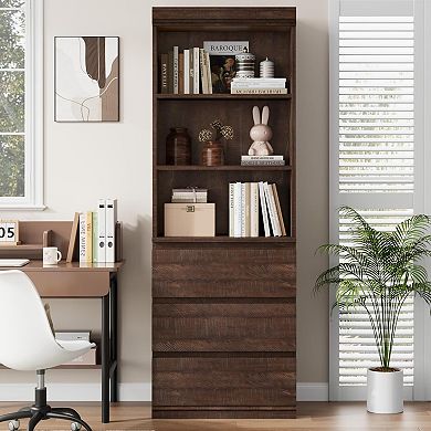 70" H Bookcase with 3 Storage Drawers,Tall Bookshelf w/ 3-Tier Open Shelf for Library Office