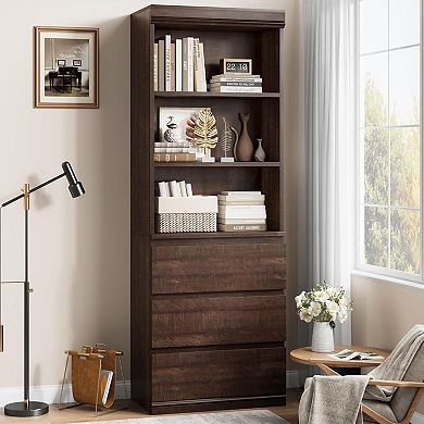 70" H Bookcase with 3 Storage Drawers,Tall Bookshelf w/ 3-Tier Open Shelf for Library Office