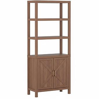 5 tier Wooden Bookcases with Open Shelf & Doors Cabinet