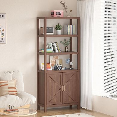 5 Tier Wooden Bookcases with Open Shelf & Doors Cabinet