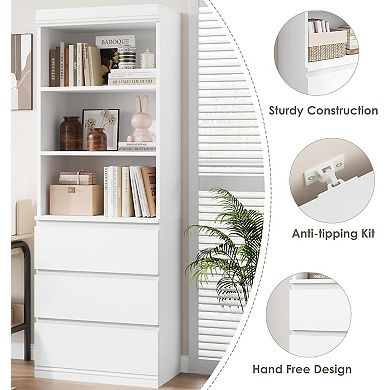 70" H Bookcase with 3 Storage Drawers,Tall Bookshelf w/ 3-Tier Open Shelf for Library Office
